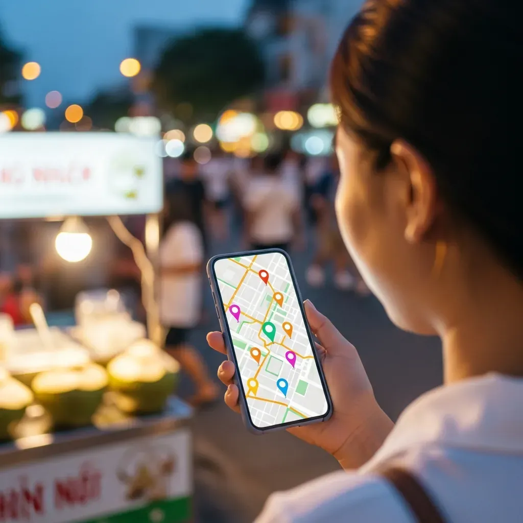 Cô gái dùng điện thoại xem bản đồ tìm quán kem dừa khác khi quán đông.