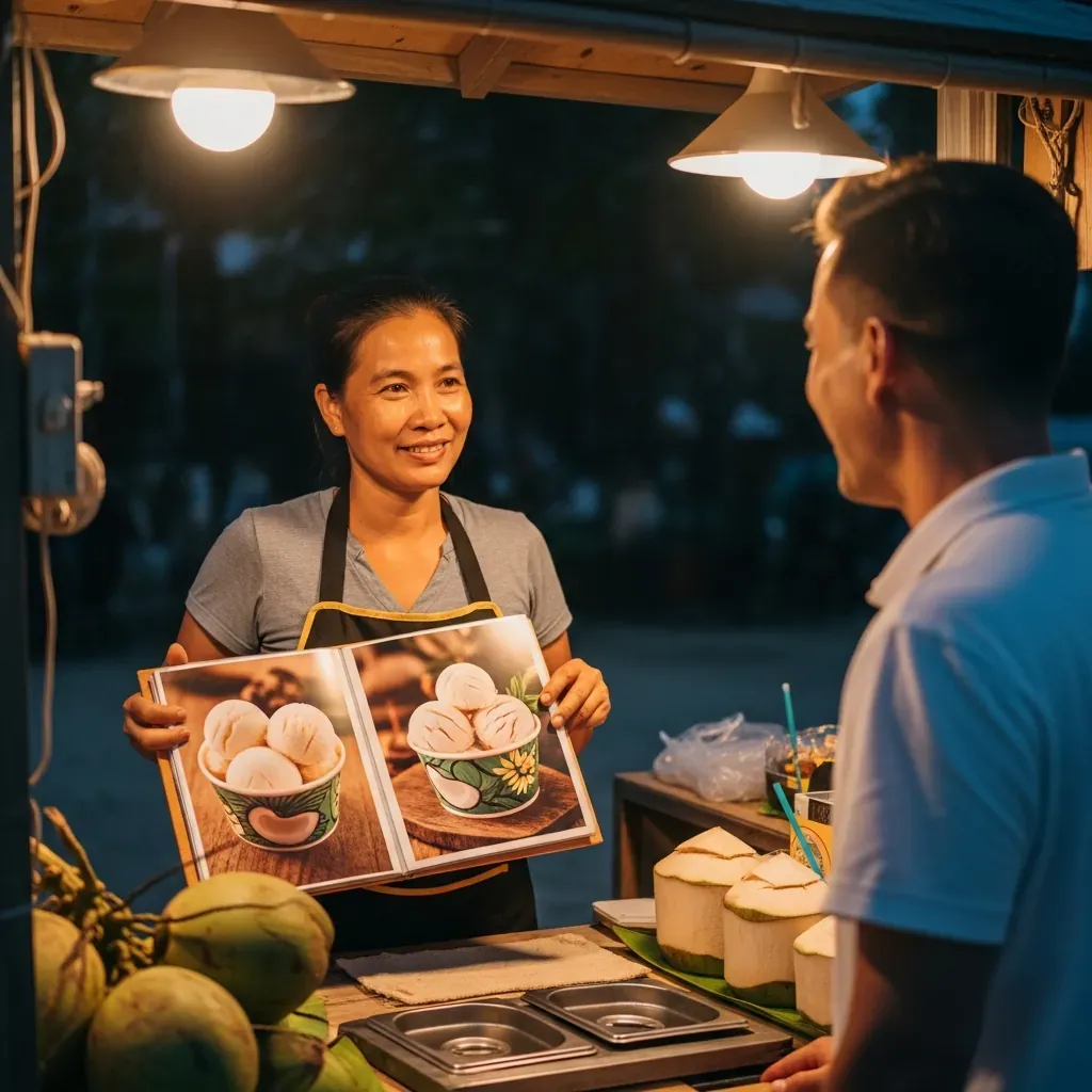Du khách chỉ tay vào menu ảnh để gọi món kem dừa Mã Lai.