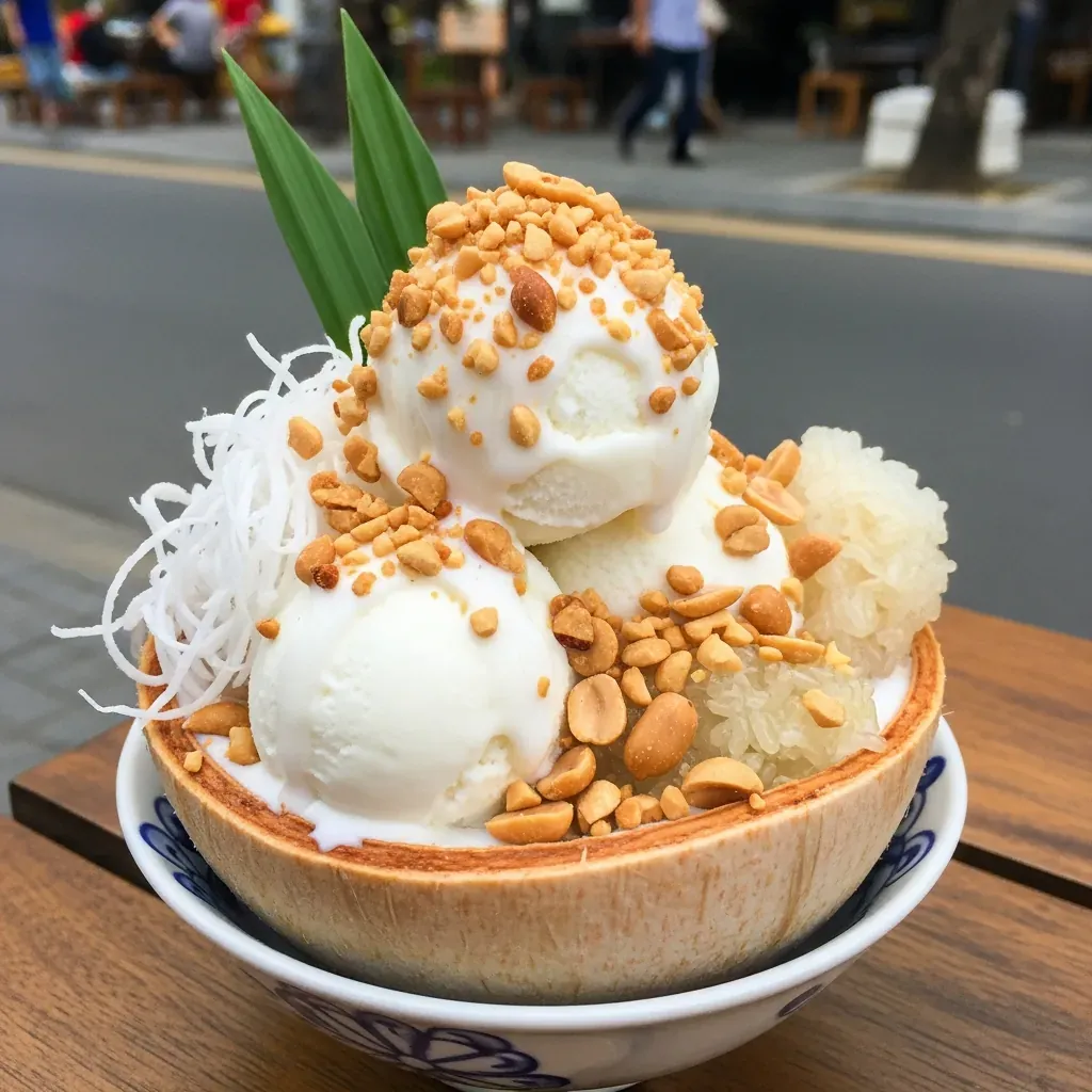 Ly kem dừa Mã Lai với đầy ụ topping đậu phộng, cơm dừa tươi, sốt dừa trên vỉa hè Đà Nẵng.