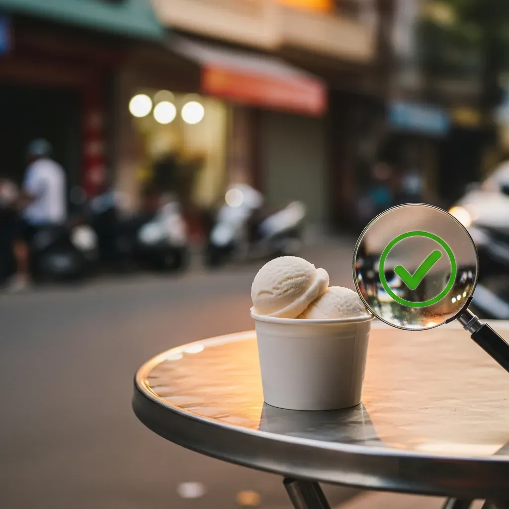 Ly kem dừa với kính lúp biểu tượng cho việc kiểm chứng thông tin.