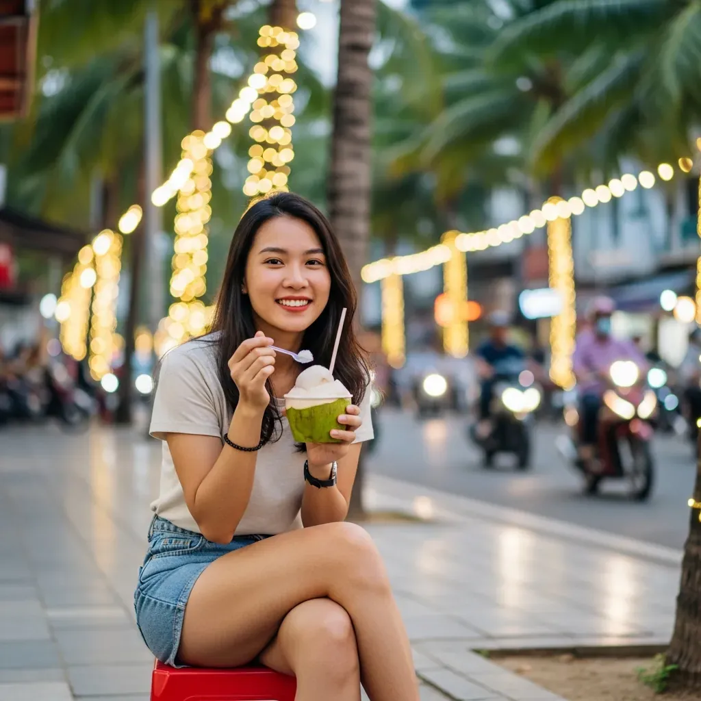 Một cô gái một mình thưởng thức kem dừa trên vỉa hè Đà Nẵng.