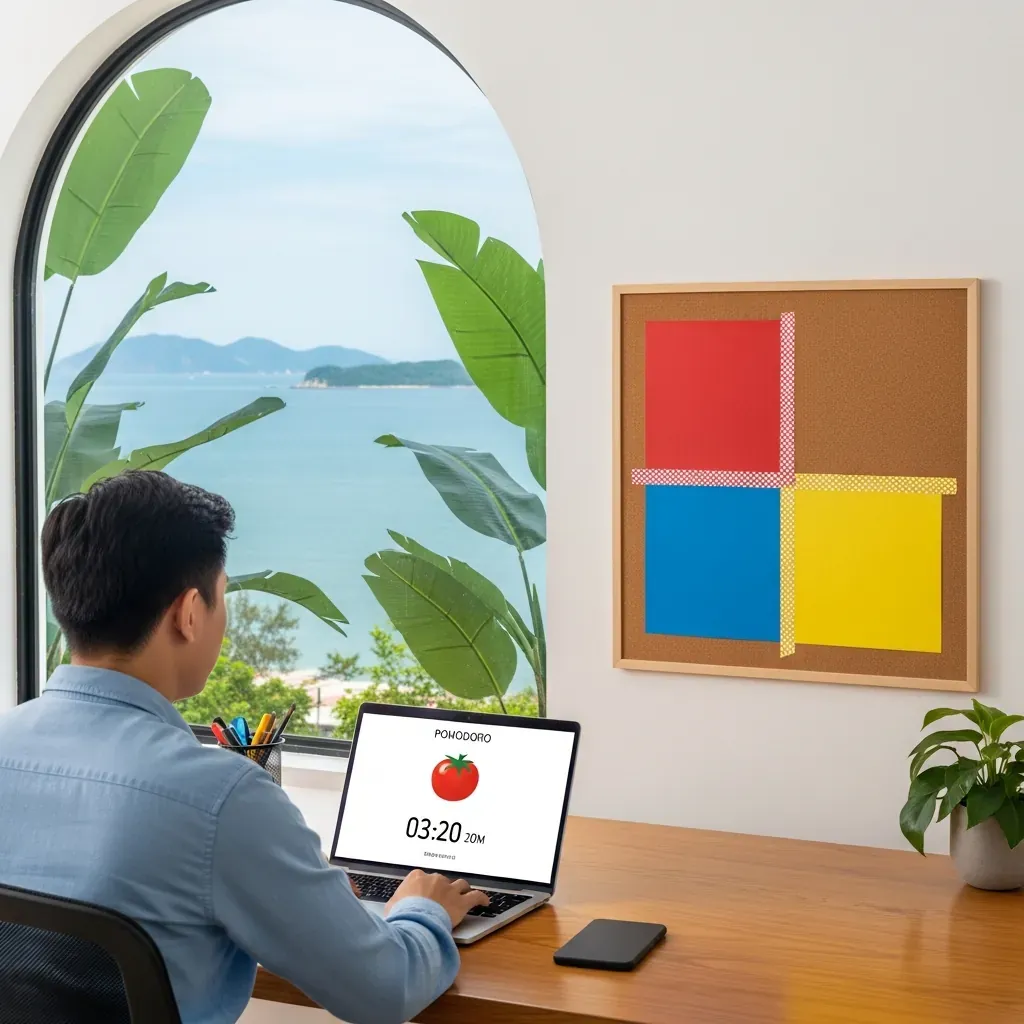 Bàn làm việc với laptop hiển thị đồng hồ Pomodoro, phía sau có bảng phân loại công việc theo ma trận Eisenhower, cửa sổ hướng biển.