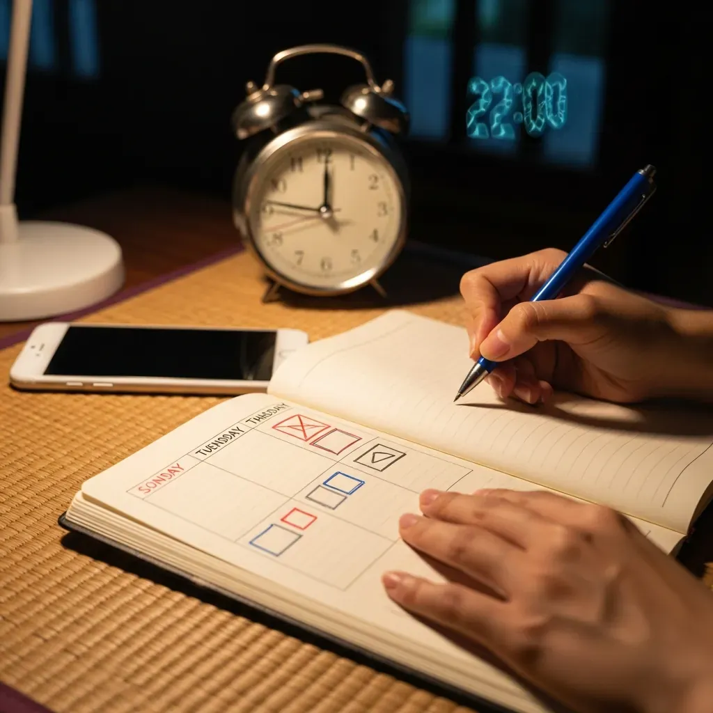 Bàn tay của một cô gái Việt Nam đặt trên sổ tay có kẻ lịch tuần màu sắc, cùng đồng hồ báo thức và bút xanh.
