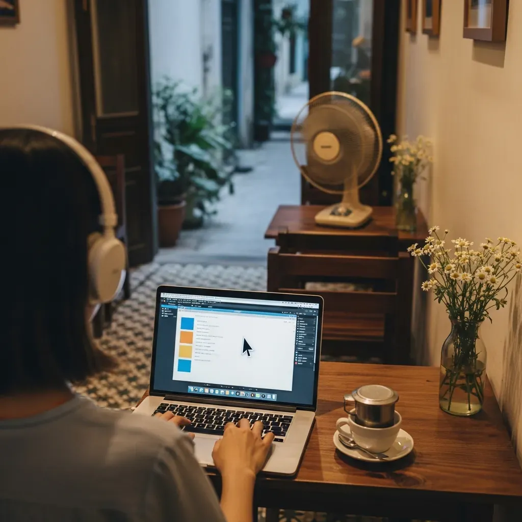 Cô gái đeo tai nghe làm việc trong quán cà phê yên tĩnh ở một con hẻm Đà Nẵng, bàn gỗ nhỏ, tách cà phê phin.