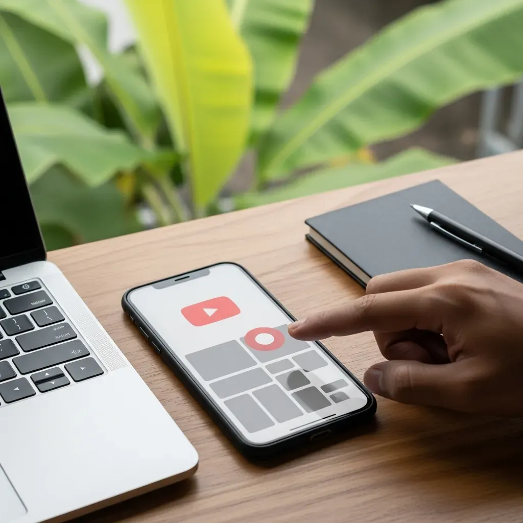Điện thoại thông minh hiển thị biểu tượng YouTube trên màn hình, một bàn tay đang chuẩn bị gạt ứng dụng đi.