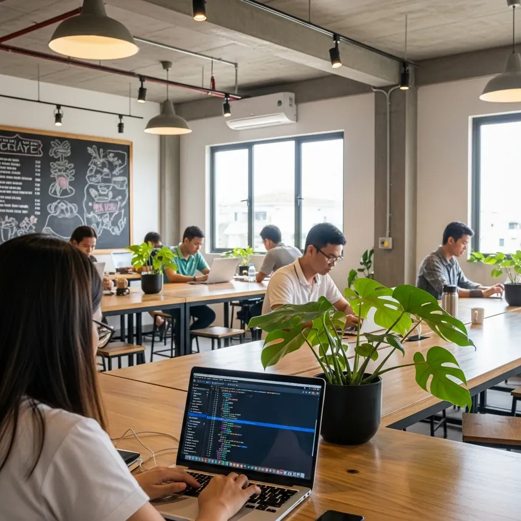 Không gian co-working hiện đại ở trung tâm Đà Nẵng, nhiều bạn trẻ đang làm việc tập trung trên laptop.