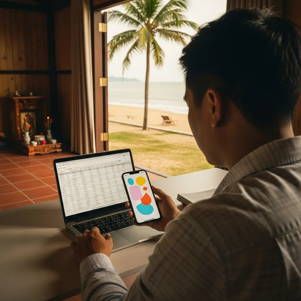 Nam thanh niên Việt Nam ngồi tại bàn làm việc, tay cầm điện thoại phân tâm trong khi laptop vẫn đang mở dở tài liệu, cửa sổ nhìn ra biển.