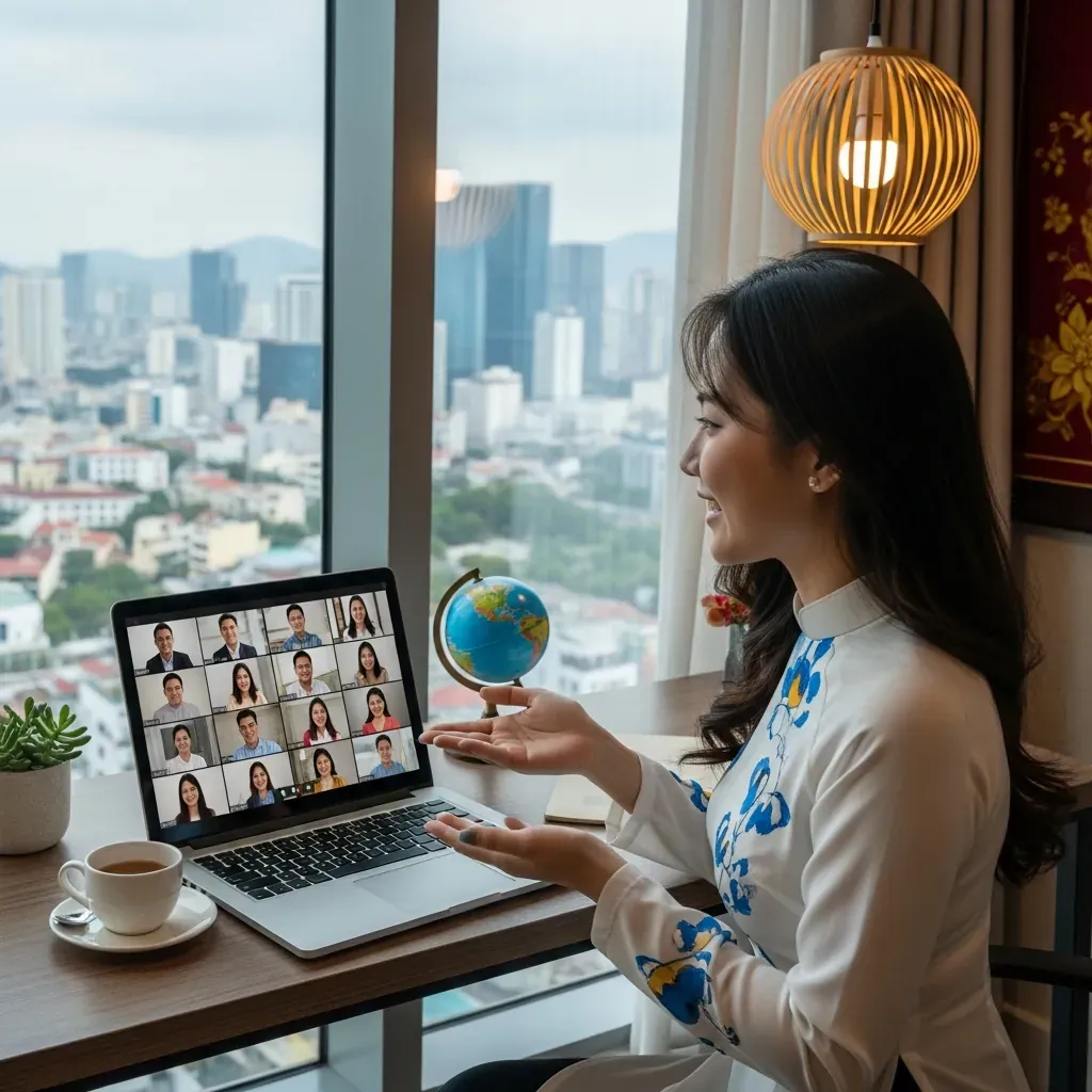 Người phụ nữ Việt Nam đang họp trực tuyến qua laptop với đồng nghiệp quốc tế, khung cửa sổ nhìn ra thành phố Đà Nẵng.