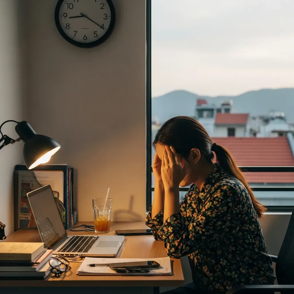 Người phụ nữ Việt Nam ngồi làm việc mệt mỏi buổi chiều, đồng hồ trên tường chỉ 4 giờ, cốc trà đá đã vơi một nửa.