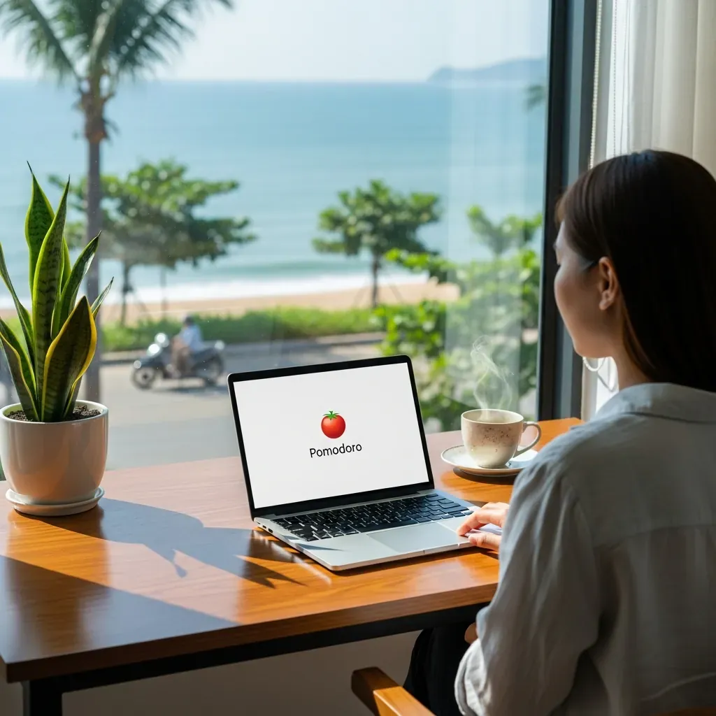 Người trẻ ngồi làm việc trước laptop bên cửa sổ nhìn ra biển Mỹ Khê, Đà Nẵng, với không gian sáng sủa và cây xanh nhiệt đới.