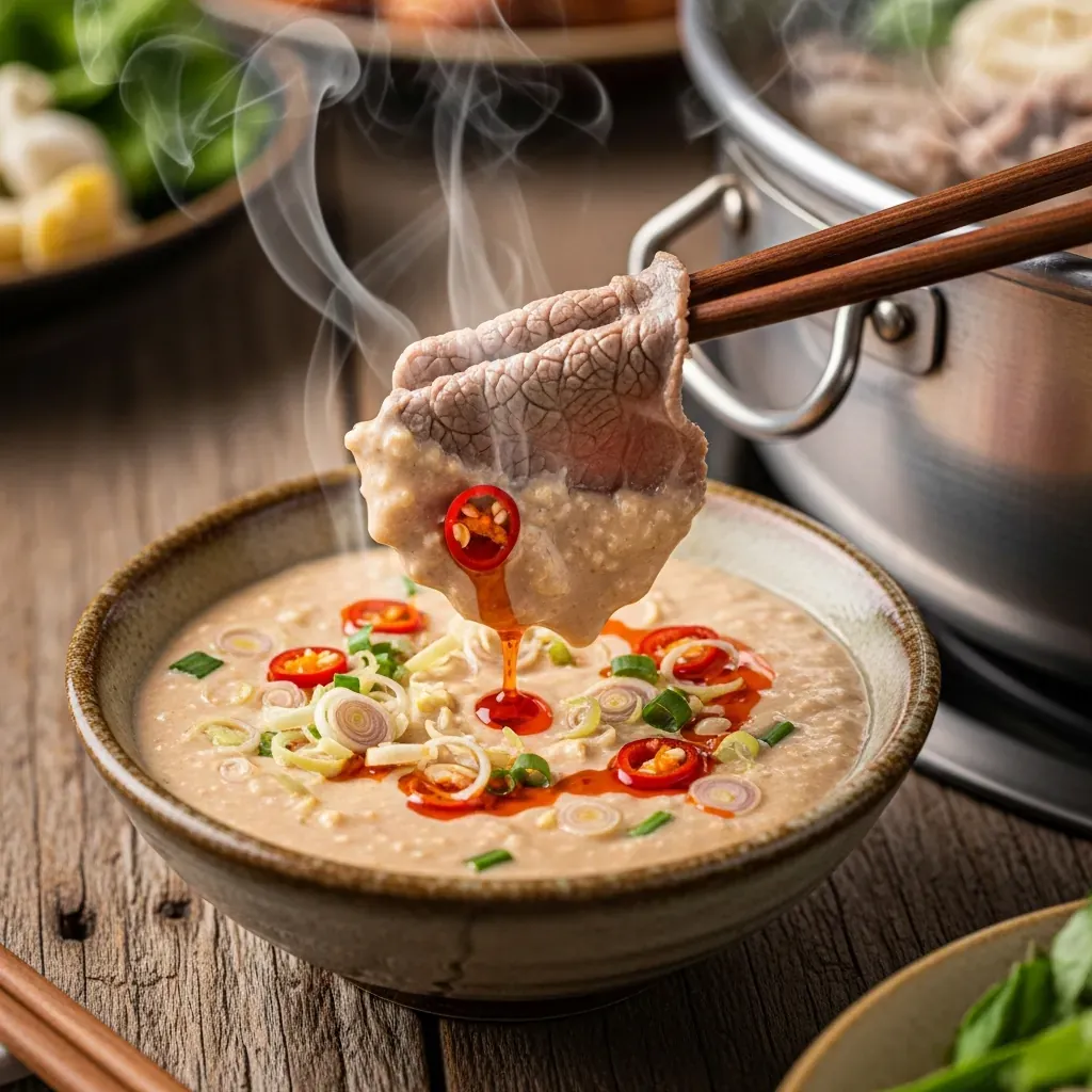 Chén tương chao sánh mịn, có ớt và sả, miếng thịt bò đang chấm ngập