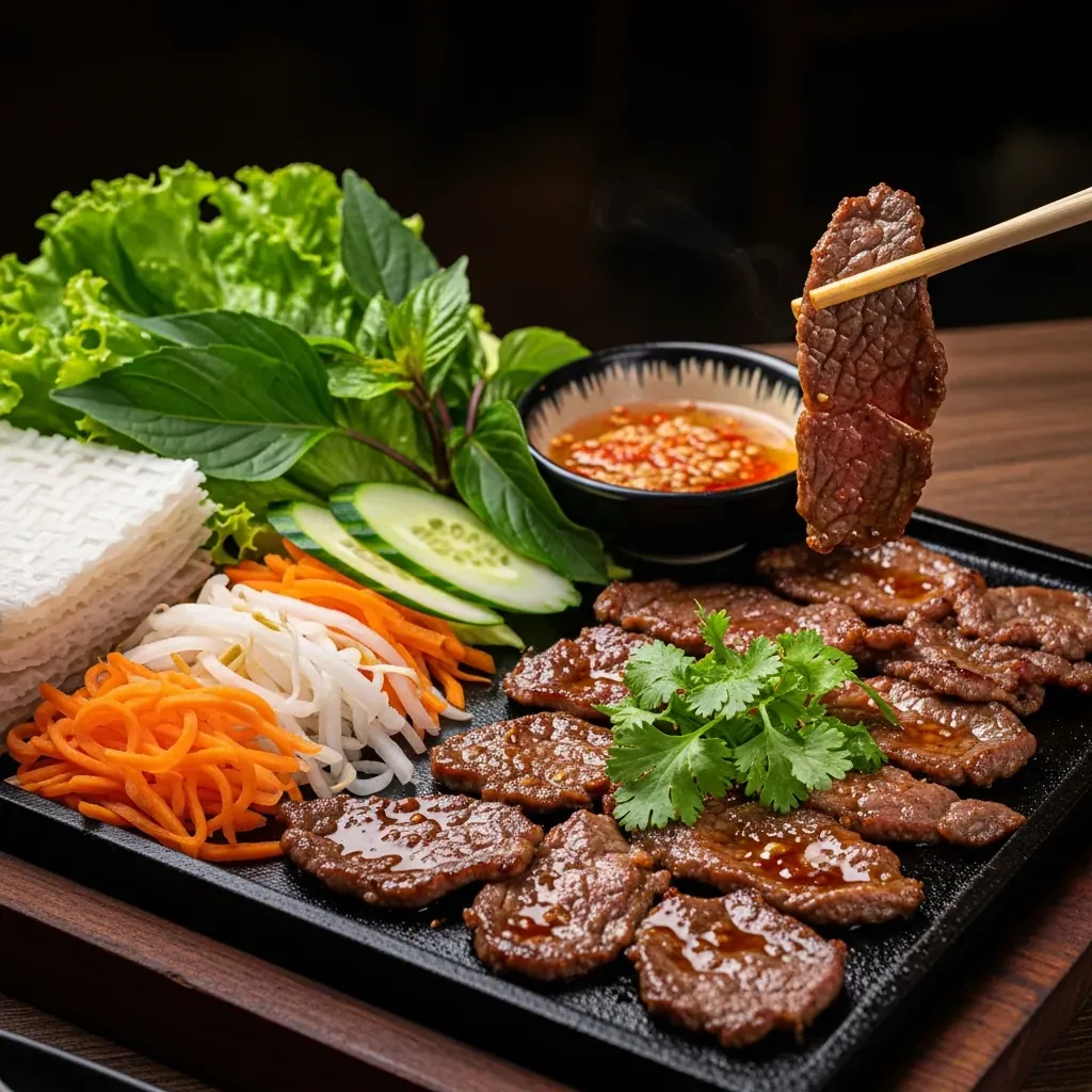Đĩa bò nướng nóng hổi, thịt mềm sốt đậm đà, kèm bánh tráng rau sống