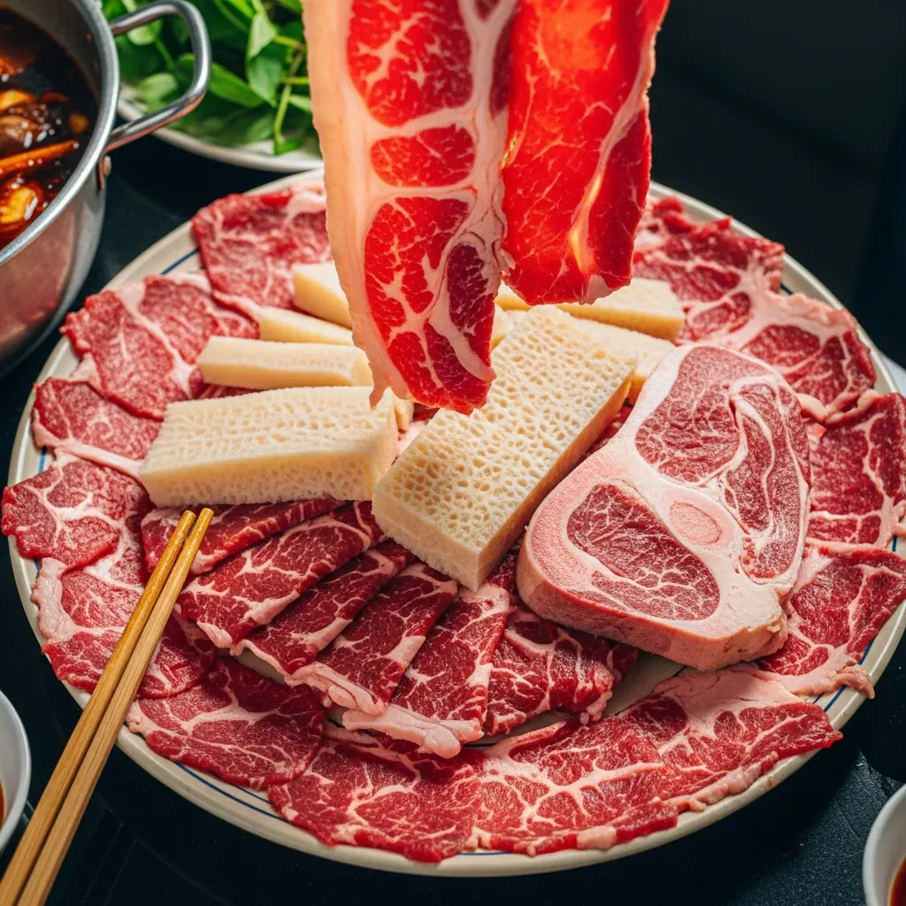 Đĩa thịt bò tươi cắt dày hào phóng, gân xen nạc mỡ đẹp mắt