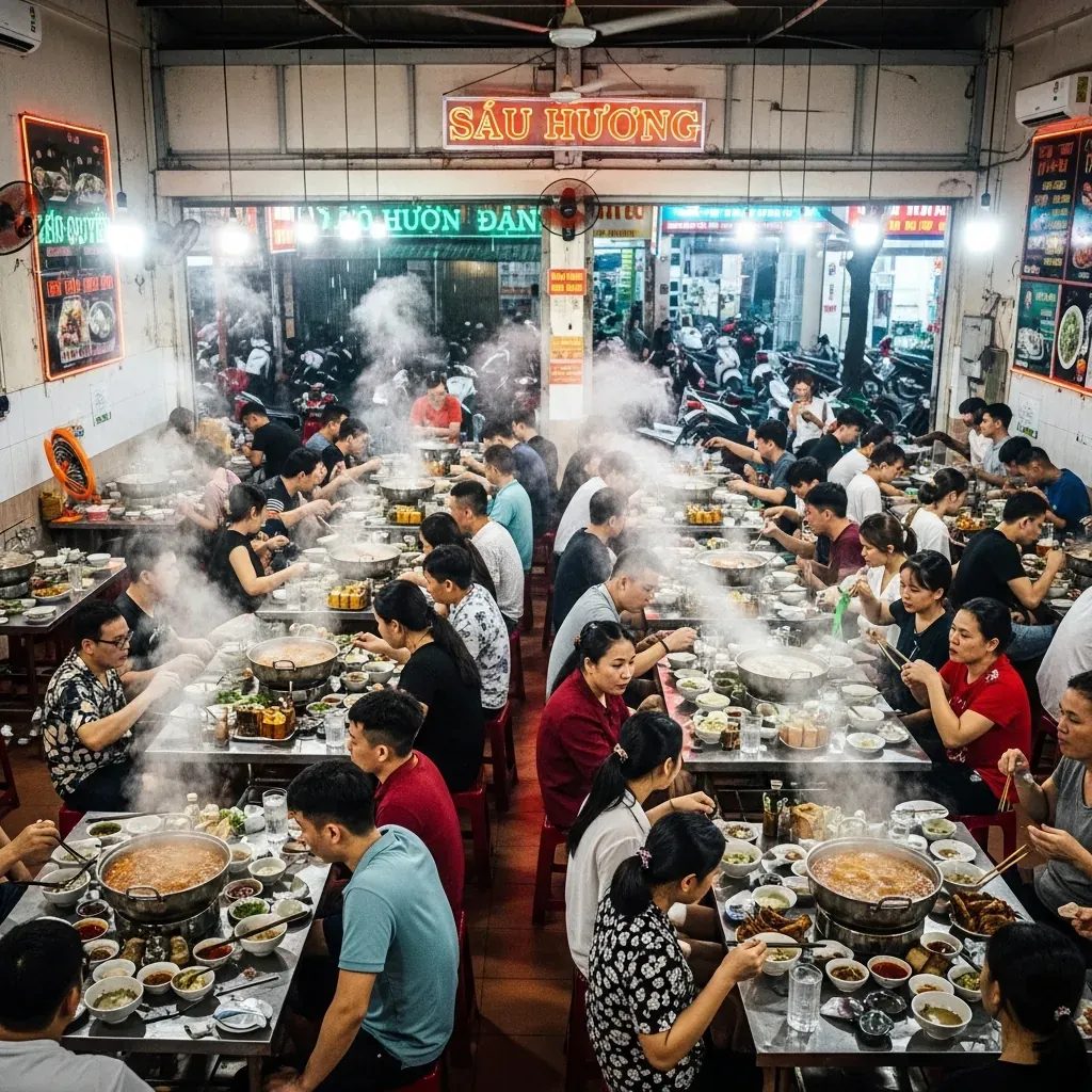Không gian quán lẩu bò Sáu Hưng đông đúc, ồn ào, nồi lẩu sôi ùng ục, thực khách cười nói vui vẻ