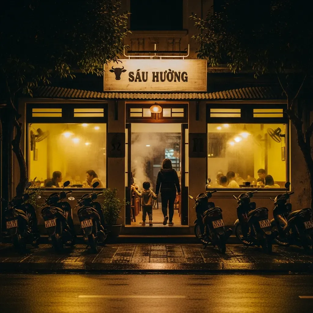 Mặt tiền quán lẩu bò Sáu Hưng về đêm, ánh đèn vàng ấm cúng, hơi nước nghi ngút qua cửa kính