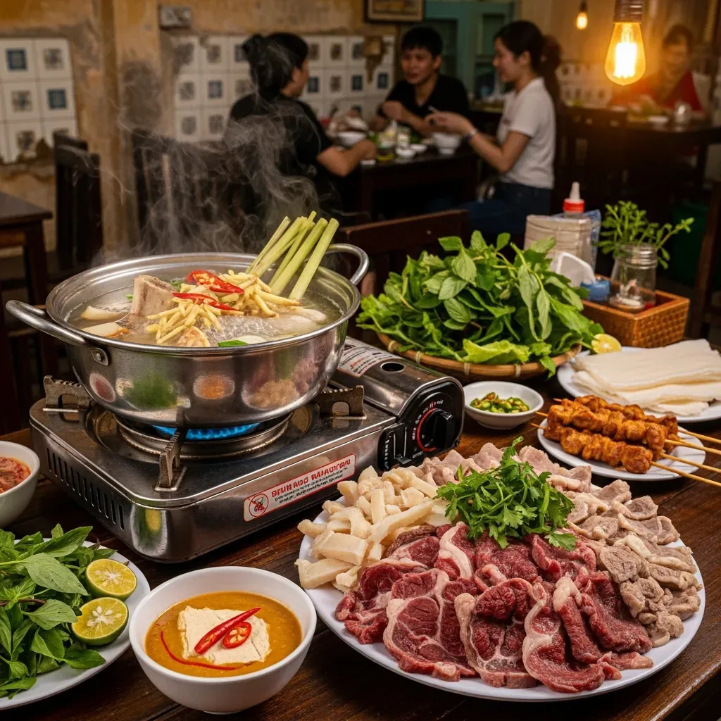 Nồi lẩu bò Sáu Hưng nghi ngút khói với thịt bò, gân, đuôi và chén tương chao đặc trưng
