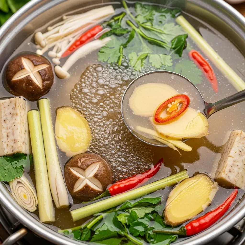 Nước lẩu trong, ngọt thanh ninh từ xương bò, nổi sả, gừng và ớt đỏ