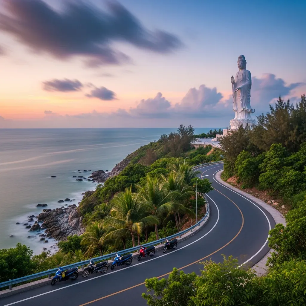 Toàn cảnh bán đảo Sơn Trà lúc hoàng hôn, tượng Quan Âm trắng nổi bật, mặt biển xanh