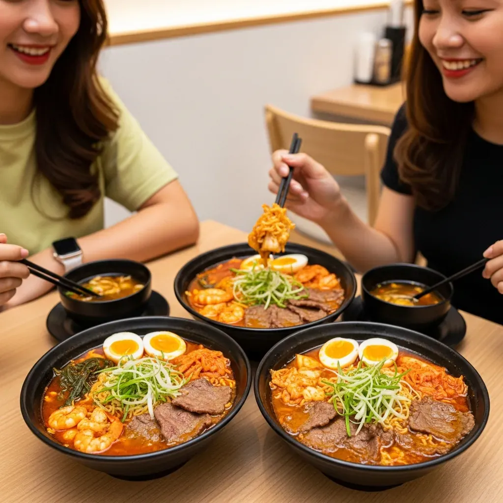Ba tô mì cay nóng hổi với hải sản và trứng lòng đào trên bàn quán ở Đà Nẵng