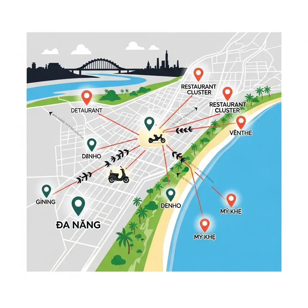 Bản đồ minh họa vị trí các quán mì cay và điểm dạo chơi ở Đà Nẵng