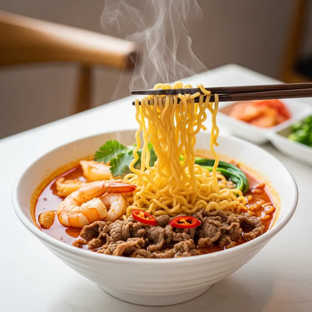 Cận cảnh tô mì cay cấp độ 3 với nước dùng đỏ và sợi mì dai