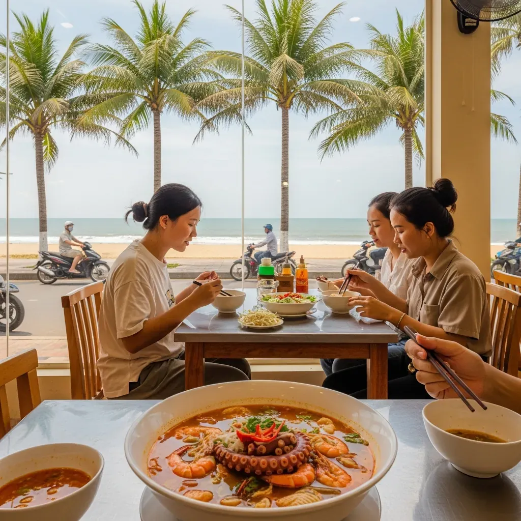 Quán mì cay gần biển Mỹ Khê với tô nước dùng hải sản