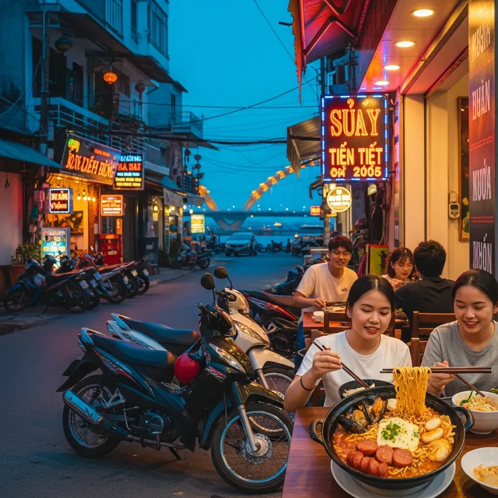 Quán mì cay khu trung tâm Hải Châu gần cầu Rồng vào buổi tối