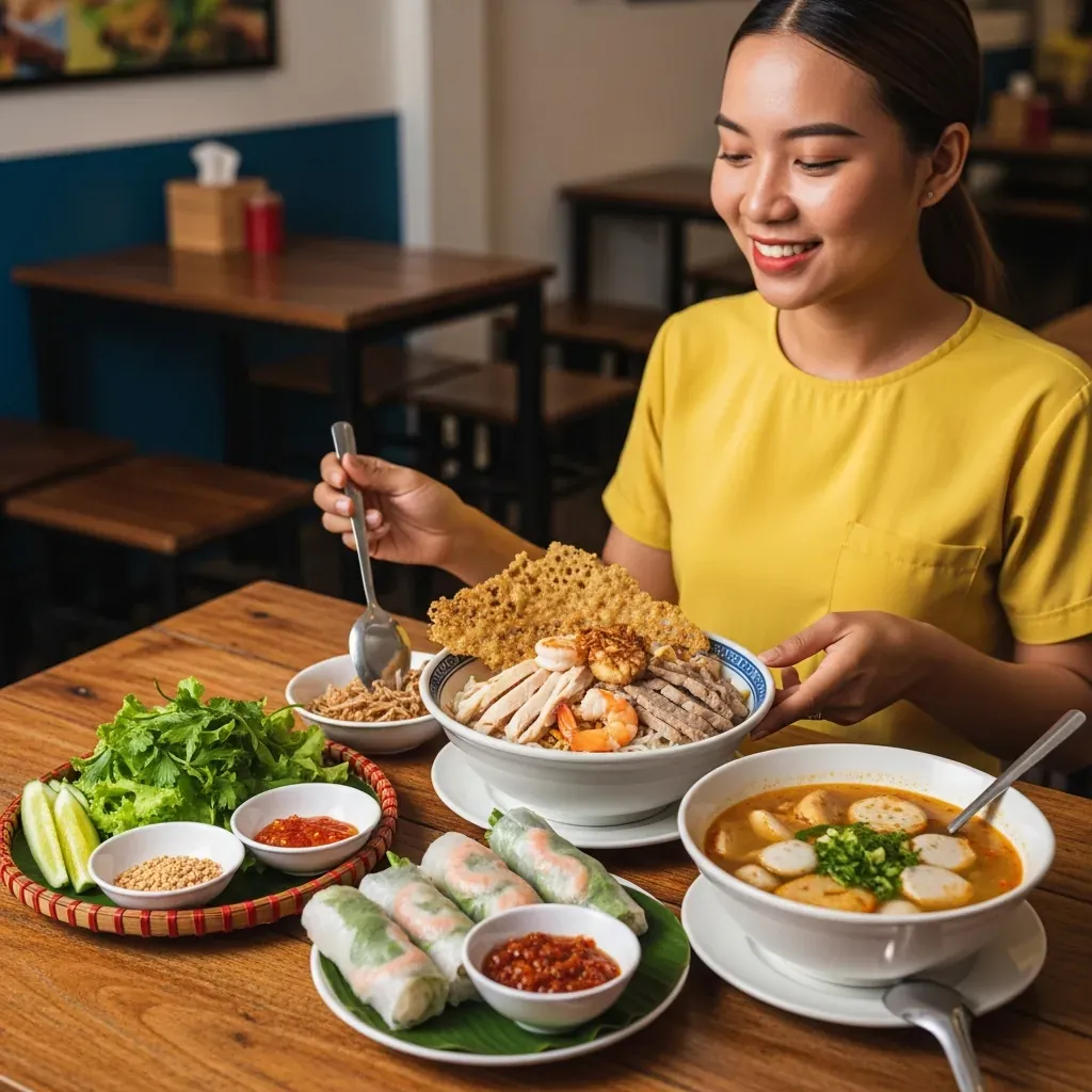 Ba món đặc sản Đà Nẵng mì Quảng, bún chả cá và bánh tráng cuốn thịt heo trên bàn gỗ