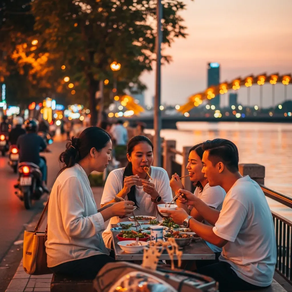 Lịch trình ăn uống Đà Nẵng buổi tối bên sông Hàn gần Cầu Rồng