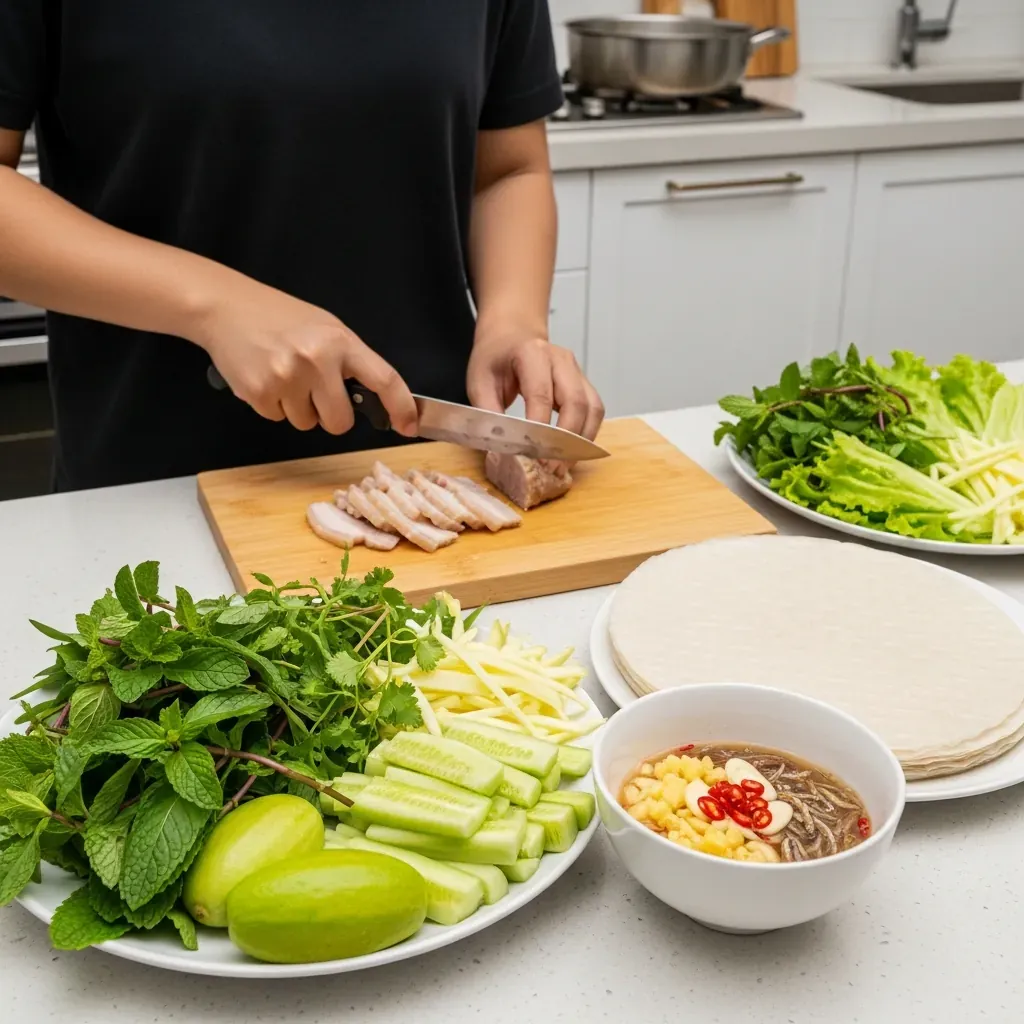 Tự nấu bánh tráng cuốn thịt heo và pha mắm nêm tại nhà