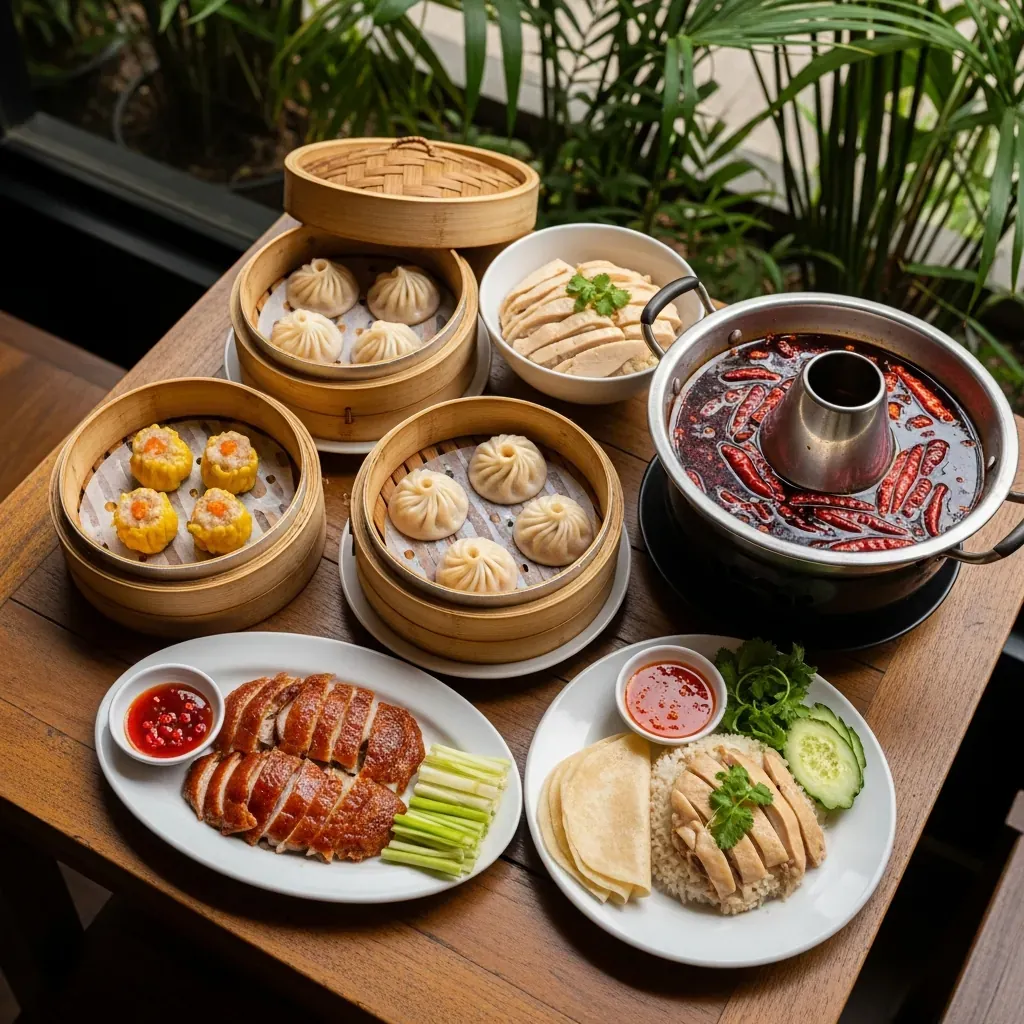 Bàn ăn đầy ắp các món Trung Hoa: há cảo, xíu mại, tiểu long bao, vịt quay Bắc Kinh, lẩu Tứ Xuyên và cơm gà Hải Nam được bày trên mặt bàn gỗ, ánh sáng ấm áp.