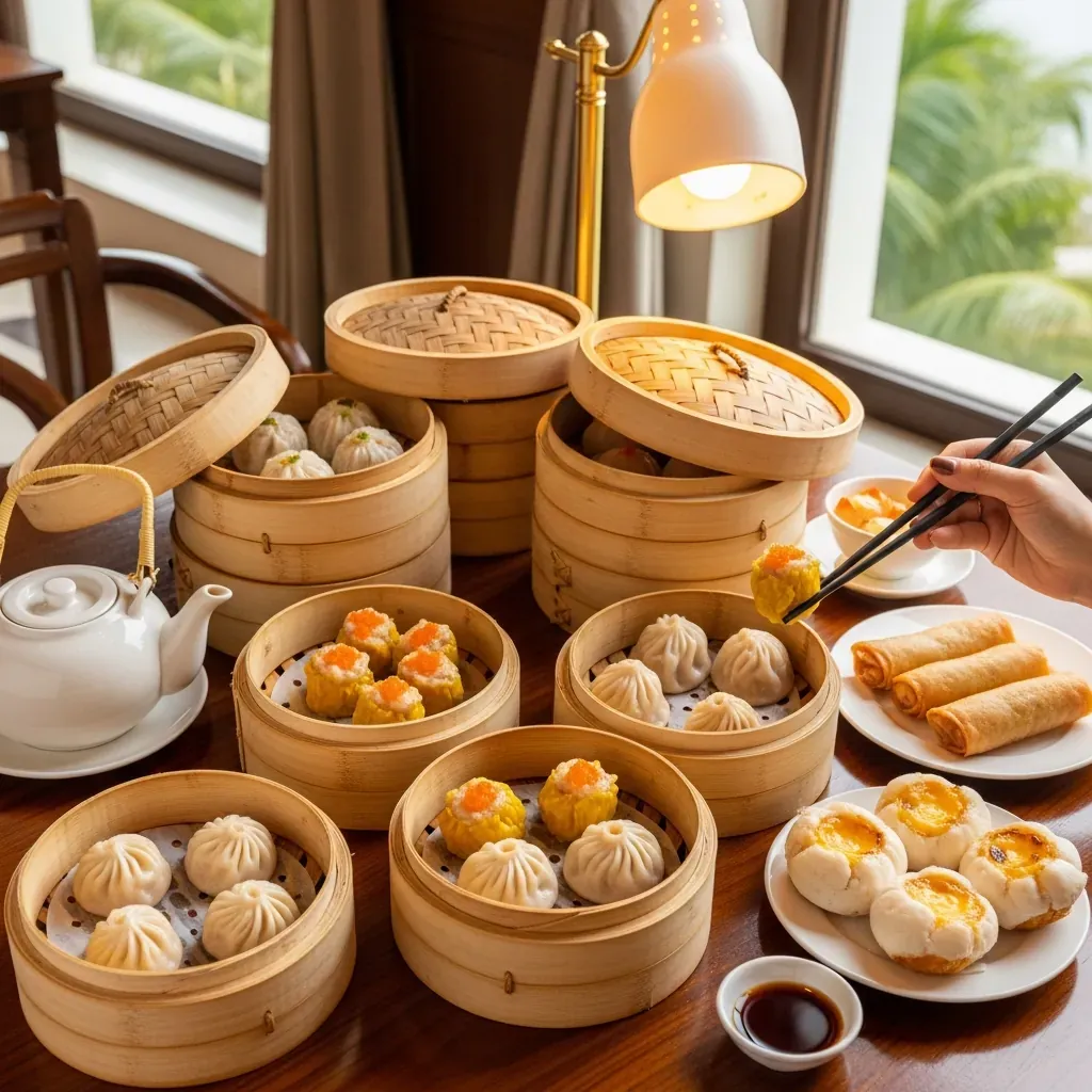 Bàn buffet dim sum sang trọng với nhiều xửng tre mở nắp đầy các loại bánh: há cảo, xíu mại, tiểu long bao, bánh bao kim sa, tay thực khách đang gắp.