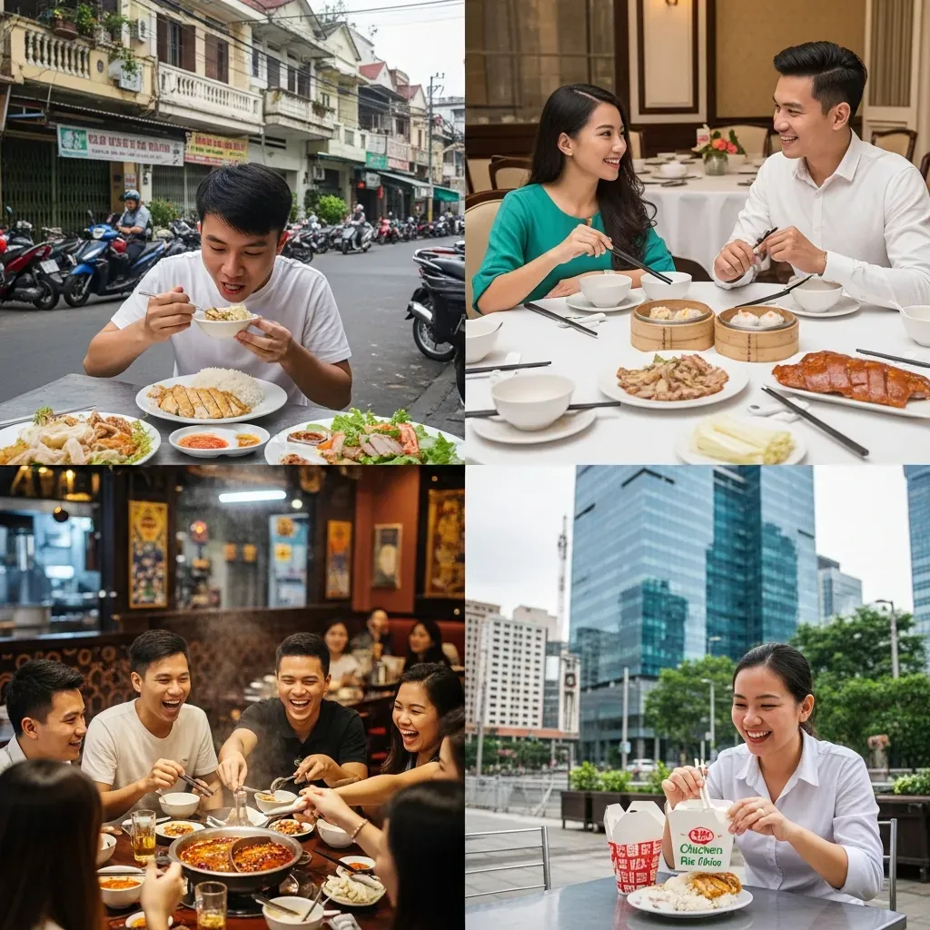 Bức ảnh ghép bốn cảnh ẩm thực Trung Hoa tại Đà Nẵng: người đàn ông ăn cơm gà vỉa hè, cặp đôi thưởng thức dim sum sang trọng, nhóm bạn quây quần bên lẩu cay, nhân viên văn phòng dùng cơm gà mang đi.