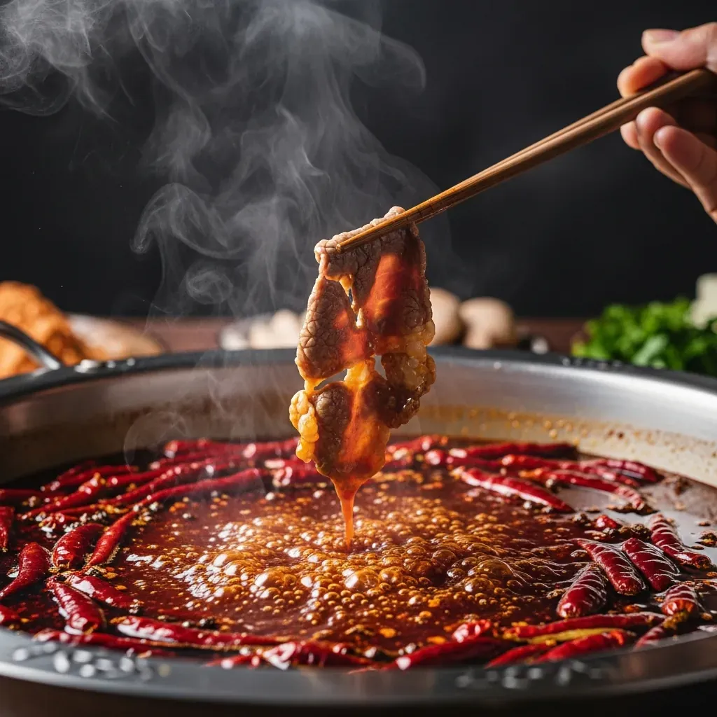 Cận cảnh nồi lẩu Tứ Xuyên đỏ rực, dầu ớt sôi sùng sục, đôi đũa nhúng miếng thịt bò vào; hơi nóng bốc lên nghi ngút.