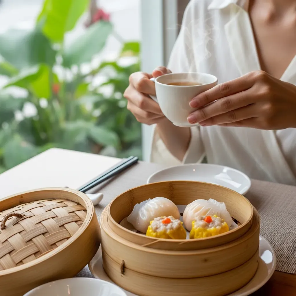 Cận cảnh phụ nữ Việt Nam cầm tách trà nóng, trước mặt là xửng dim sum mở sẵn với há cảo và xíu mại trong veo.
