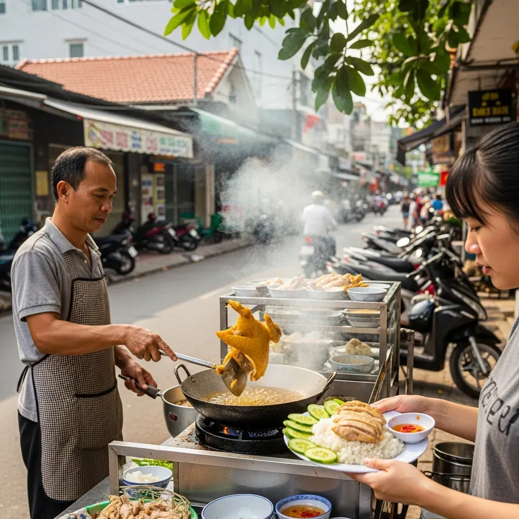 Cảnh vỉa hè quán cơm gà bình dân ở Đà Nẵng, người đầu bếp đang chiên gà trong chảo dầu sôi, khách cầm đĩa cơm nóng hổi phía trước, đằng sau là nhà ống và xe máy.