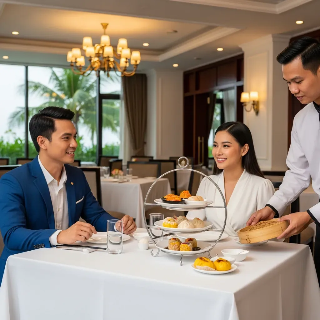 Cặp đôi người Việt thưởng thức buffet dim sum tại nhà hàng khách sạn sang trọng, bàn trải khăn trắng, nhân viên bưng xửng hấp ra, không gian ấm cúng.
