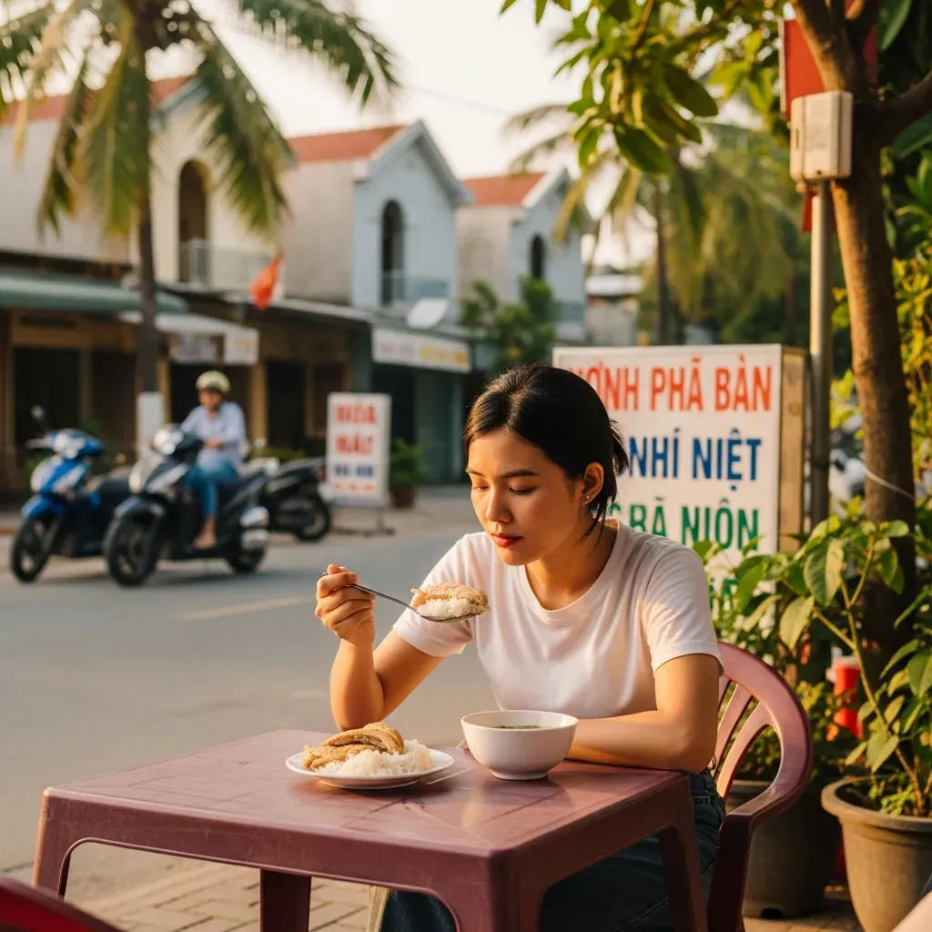 Cô gái trẻ một mình ăn cơm gà ở quán vỉa hè Đà Nẵng, tay cầm thìa xúc cơm, bên cạnh có bát nước dùng, xa xa là nhà ống và xe máy.
