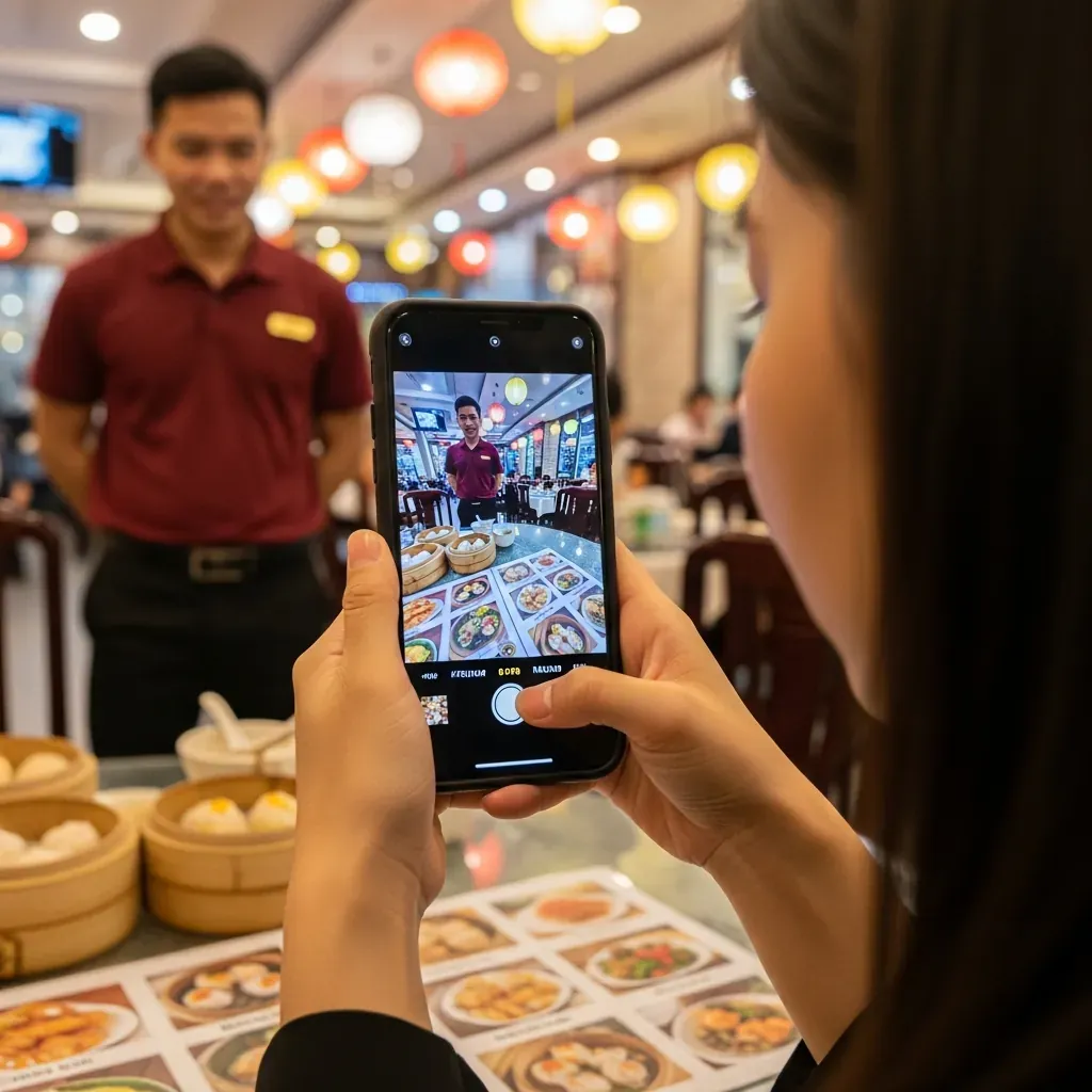 Cô gái Việt Nam đang dùng điện thoại chụp lại thực đơn có hình ảnh món ăn trong nhà hàng Trung Hoa, nhân viên phục vụ đứng gần đó.