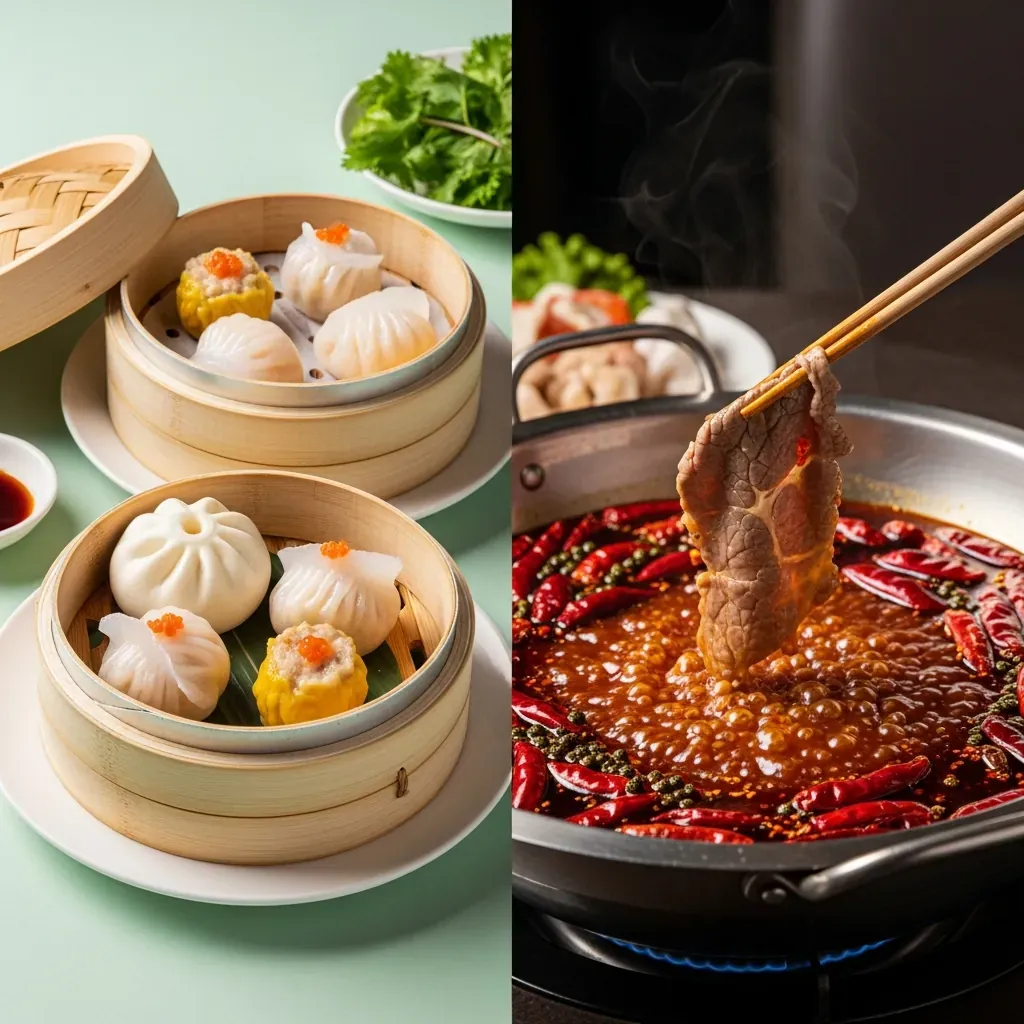 Hình ảnh chia đôi: bên trái dim sum Quảng Đông thanh nhã, bên phải lẩu Tứ Xuyên cay nồng đỏ rực, phân chia rõ hai phong cách.