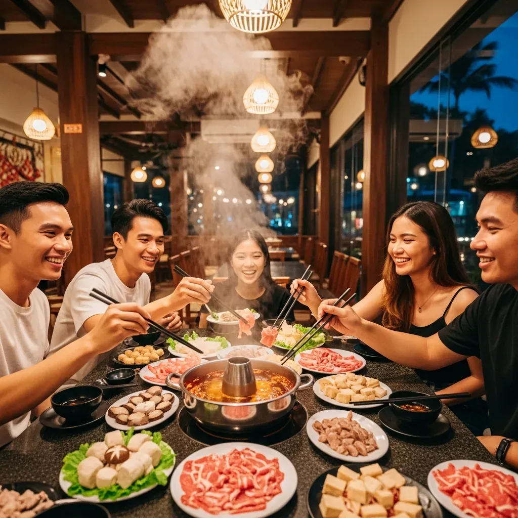 Nhóm bạn trẻ Việt Nam quây quần bên nồi lẩu Tứ Xuyên đỏ rực trong nhà hàng tầm trung, cười nói vui vẻ.