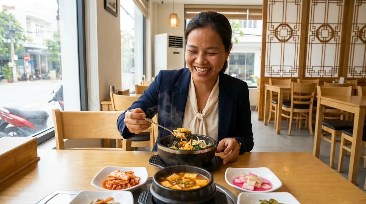 Bữa cơm Hàn Quốc đầy đủ với bibimbap, banchan trong quán tầm trung tại Đà Nẵng.