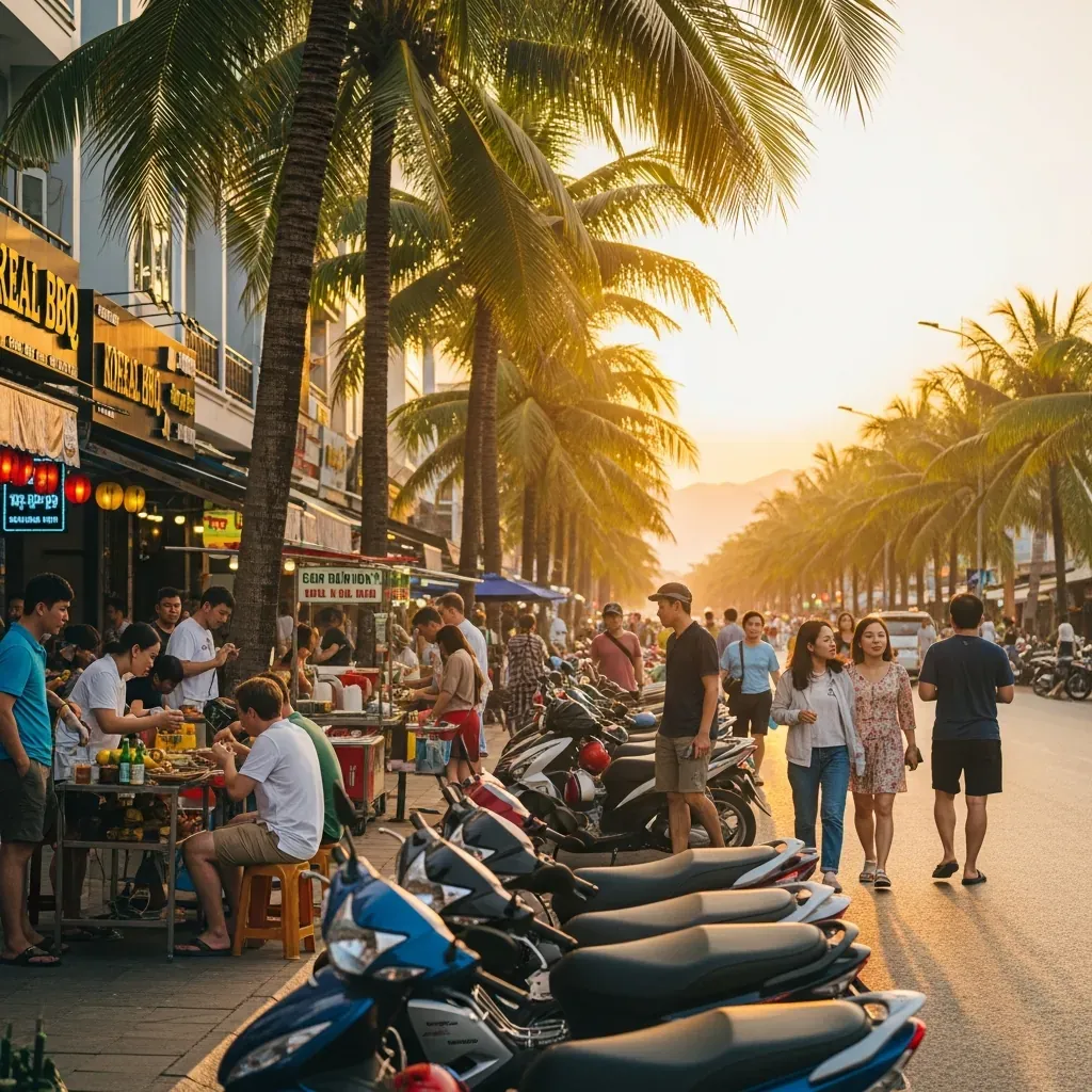 Con phố nhộn nhịp tại Đà Nẵng với du khách Hàn Quốc và người dân địa phương cùng thưởng thức ẩm thực đường phố, quán nướng Hàn Quốc hai bên đường.