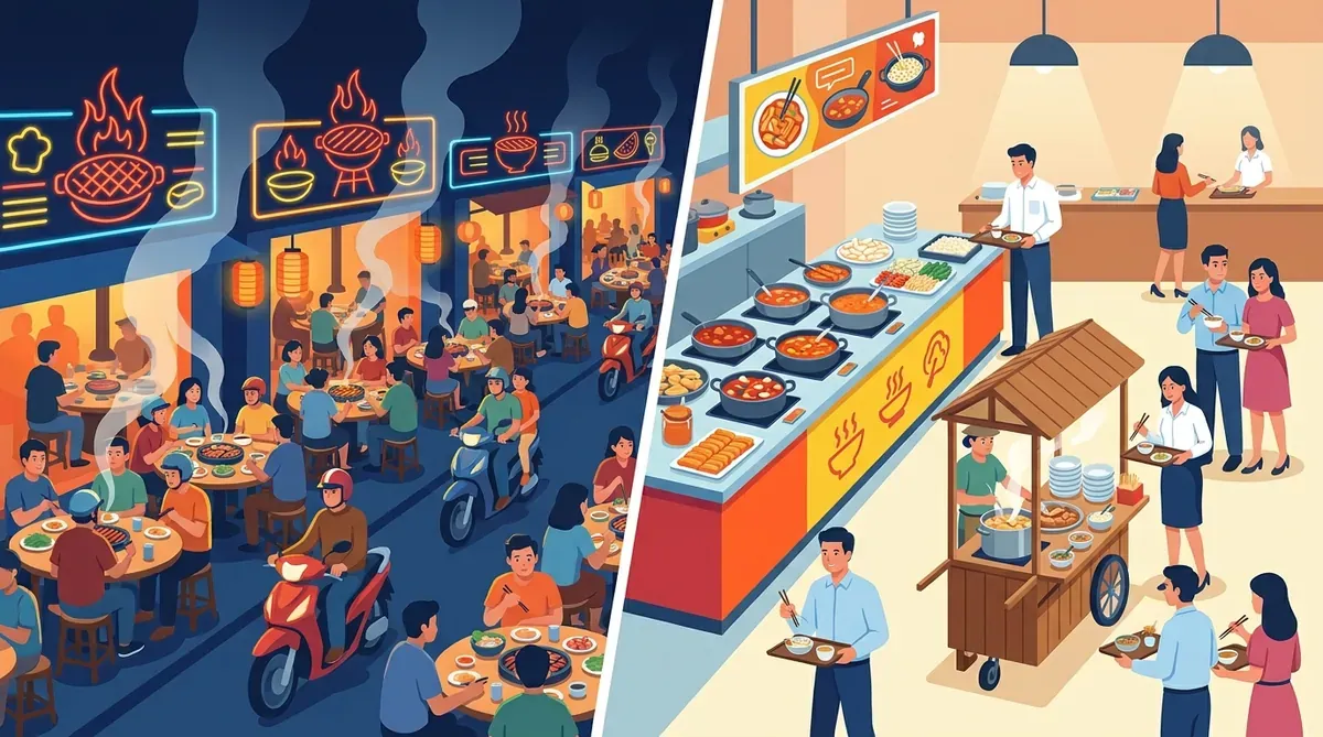 Hai mặt tương phản của ẩm thực Hàn tại Đà Nẵng: quận Sơn Trà sôi động với quán nướng về đêm, quận Hải Châu hiện đại với buffet tokbokki và xe hàng trong hẻm.