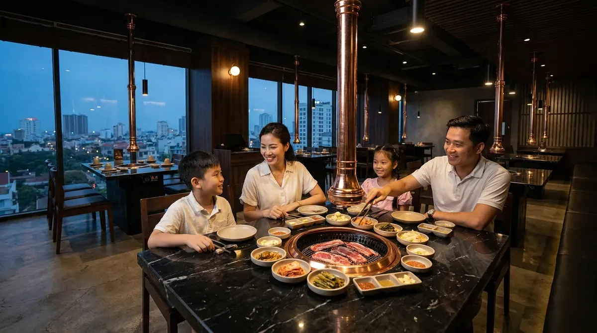 Không gian sang trọng của nhà hàng nướng Hàn Quốc cao cấp tại Đà Nẵng với gia đình Việt đang quây quần bên bàn nướng.