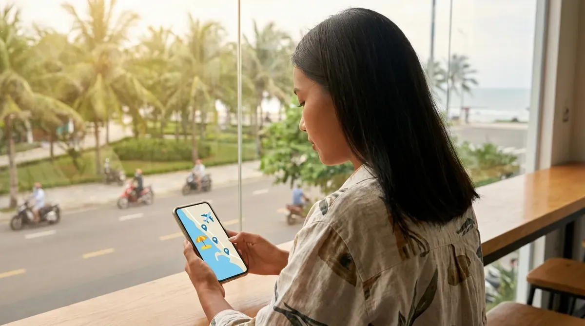 Người phụ nữ Việt đang xem bản đồ trên điện thoại để chọn quán ăn Hàn gần biển hay sân bay.