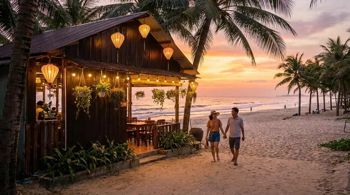 Nhà hàng Veteran sát biển Mỹ Khê, cặp đôi Việt vừa dùng bữa xong bước ra bãi cát.