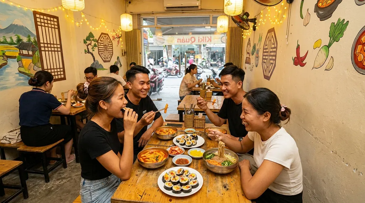 Nhóm sinh viên Việt Nam đang dùng bữa tại quán Kiki Quán bình dân với kimbap, bánh gạo và mỳ lạnh.