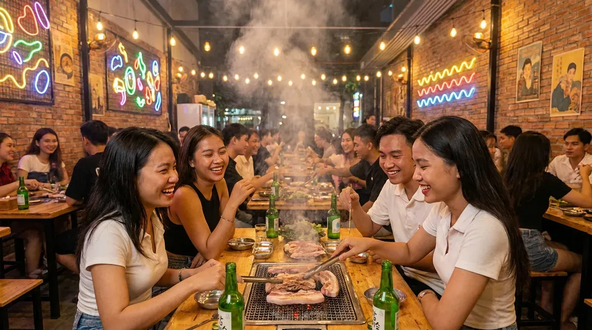 Quán ăn Hàn Quốc kiểu pocha ấm cúng tại Đà Nẵng với khách hàng Việt đang nướng thịt bên bàn gỗ, chai soju xanh và đèn neon lung linh.