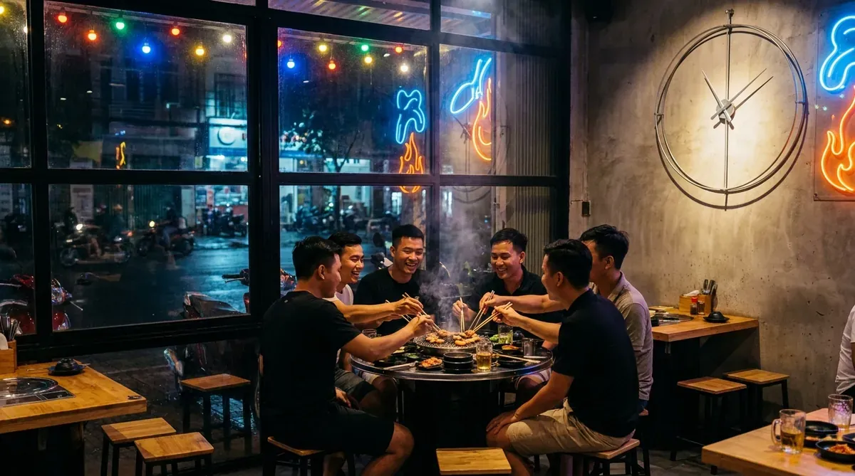 Quán nướng Hàn Quốc mở muộn đến 11 giờ đêm, nhóm bạn Việt vẫn quây quần thưởng thức.